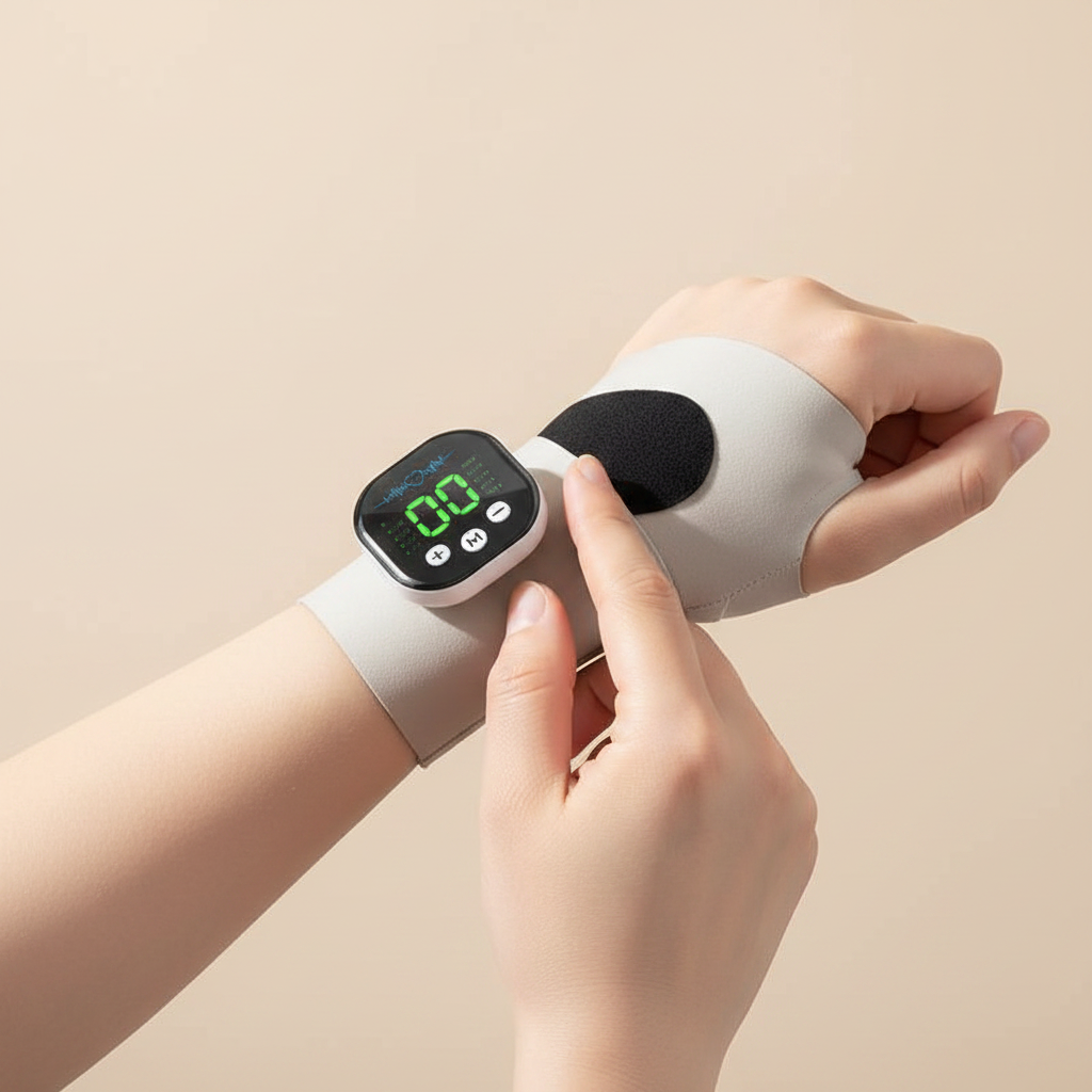 NOVARO multi-mode wrist and hand wellness tool with adjustable intensity LED display and rechargeable battery