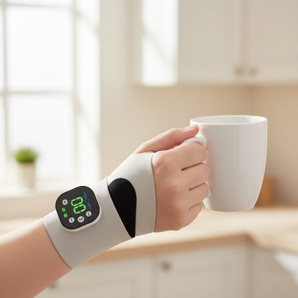 NOVARO multi-mode wrist and hand wellness tool with adjustable intensity LED display and rechargeable battery